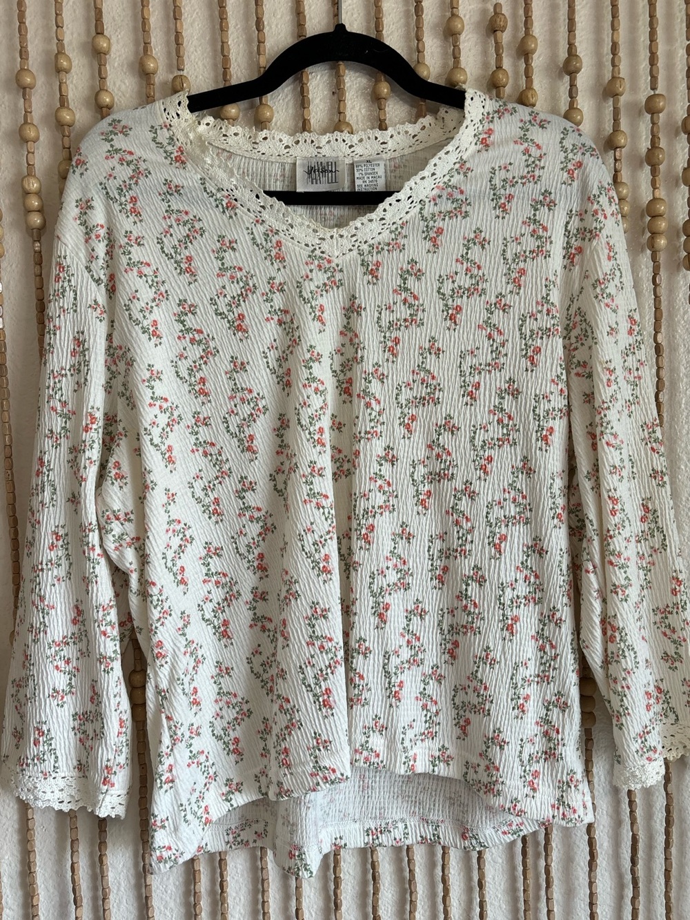 Vintage 90s White Cottage Core Western Floral V Neck Lace Trim Ribbed Top XL